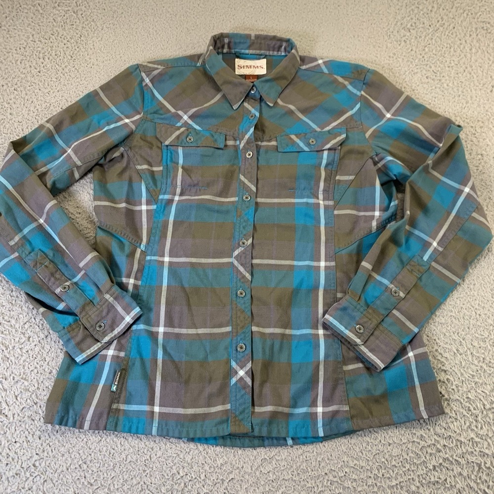 Simms Fishing Shirt Womens Large Button‎ Up Teal Plaid Pockets Outdoor Utility